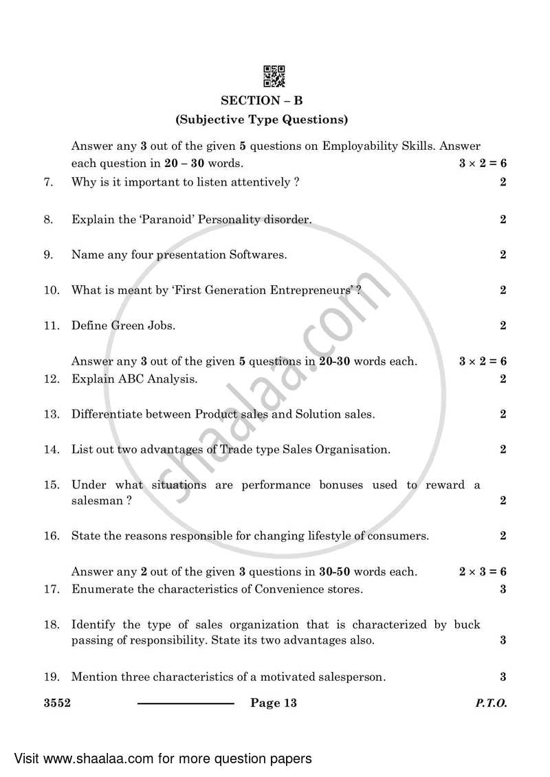 Salesmanship 2023-2024 Class 12 - CBSE (Central Board of Secondary Education) question paper with PDF download