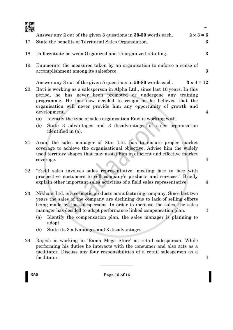 Salesmanship 2024-2025 Class 12 - CBSE (Central Board of Secondary Education) question paper with PDF download