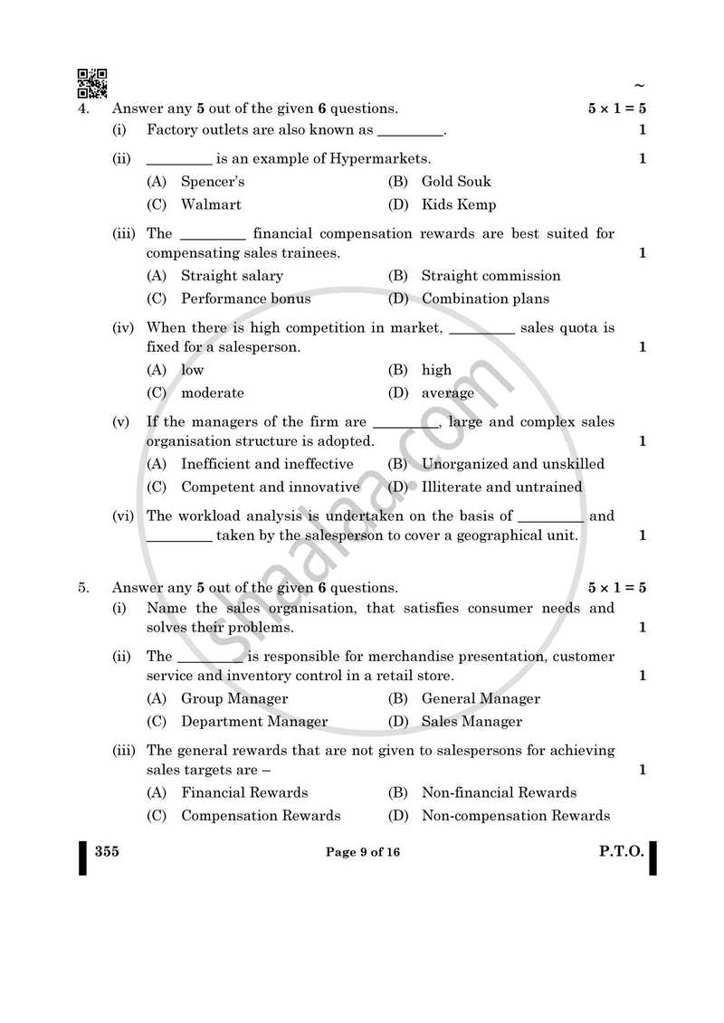 Salesmanship 2024-2025 Class 12 - CBSE (Central Board of Secondary Education) question paper with PDF download