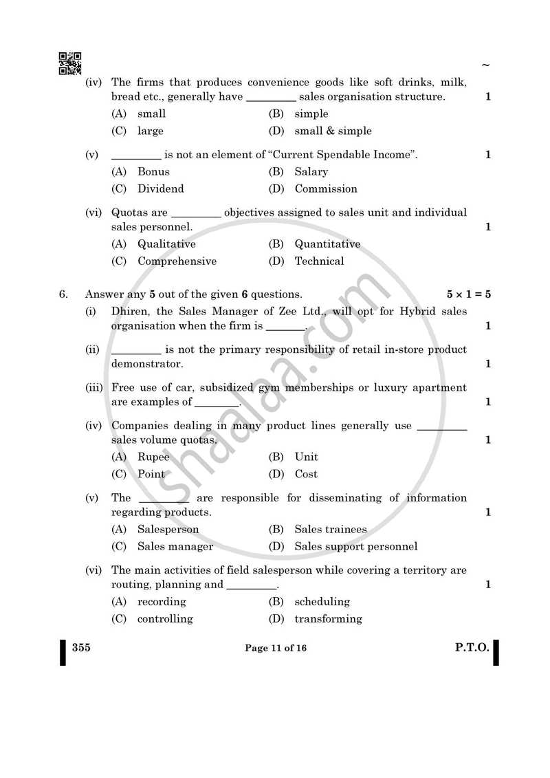 Salesmanship 2024-2025 Class 12 - CBSE (Central Board of Secondary Education) question paper with PDF download