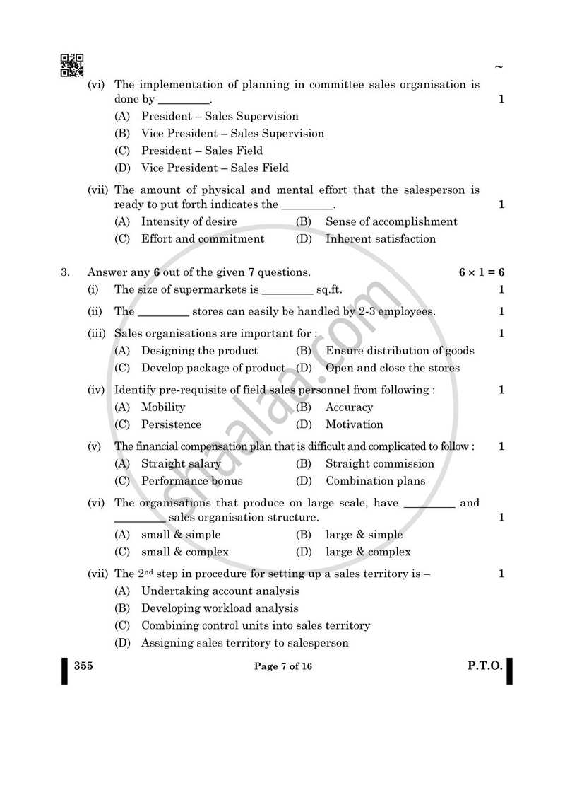 Salesmanship 2024-2025 Class 12 - CBSE (Central Board of Secondary Education) question paper with PDF download