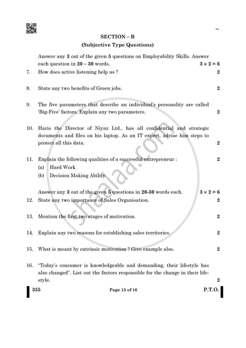 Salesmanship 2024-2025 Class 12 - CBSE (Central Board of Secondary Education) question paper with PDF download