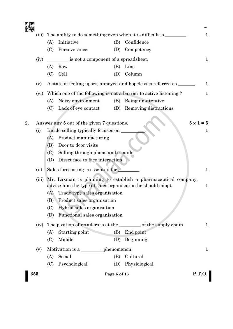 Salesmanship 2024-2025 Class 12 - CBSE (Central Board of Secondary Education) question paper with PDF download