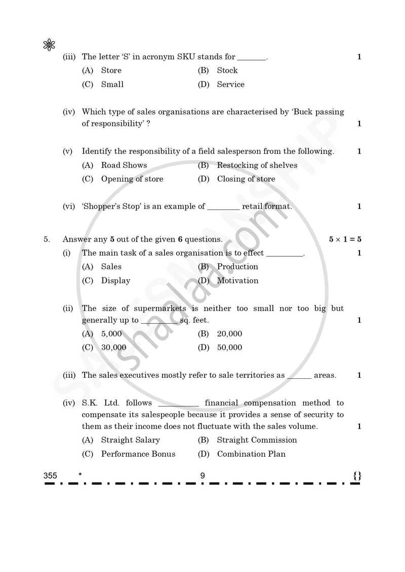 Salesmanship 2025-2026 Class 12 - CBSE (Central Board of Secondary Education) question paper with PDF download