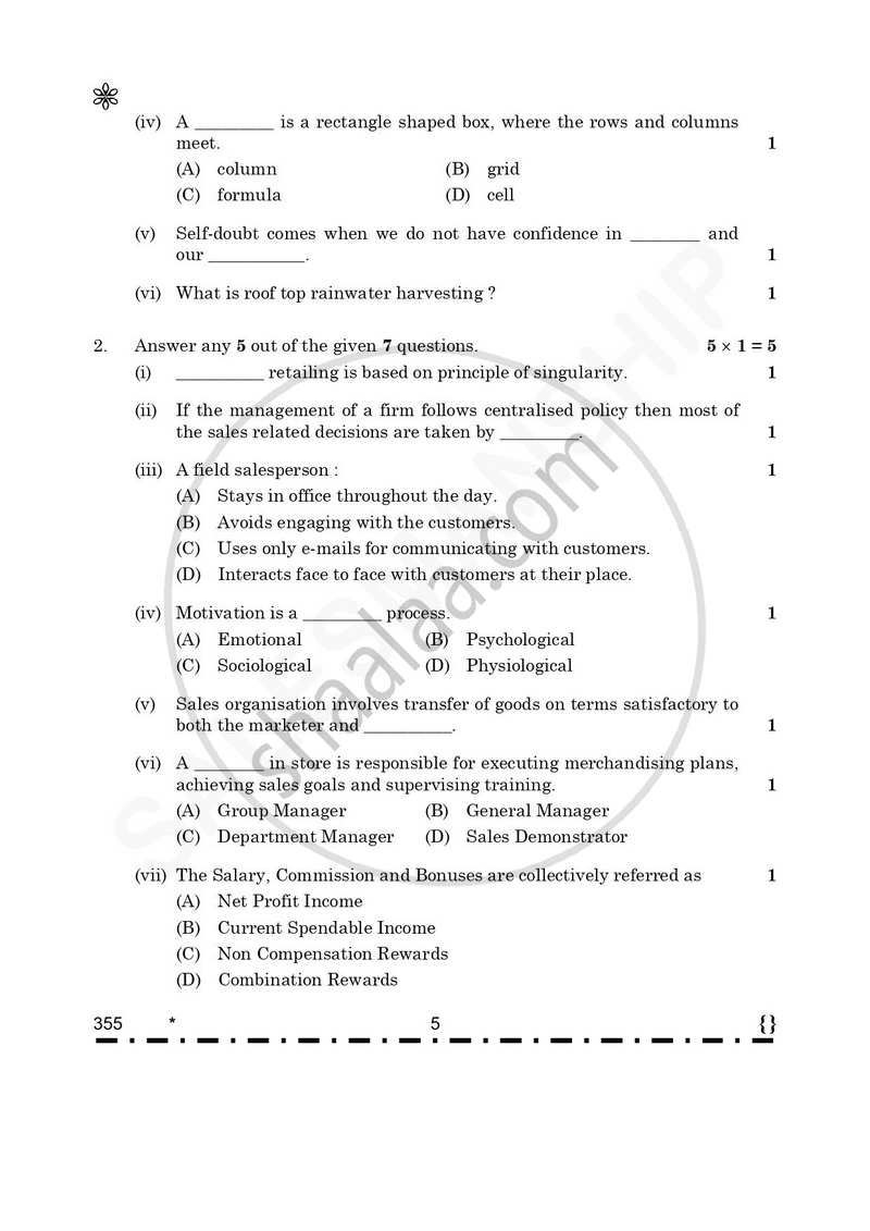 Salesmanship 2025-2026 Class 12 - CBSE (Central Board of Secondary Education) question paper with PDF download