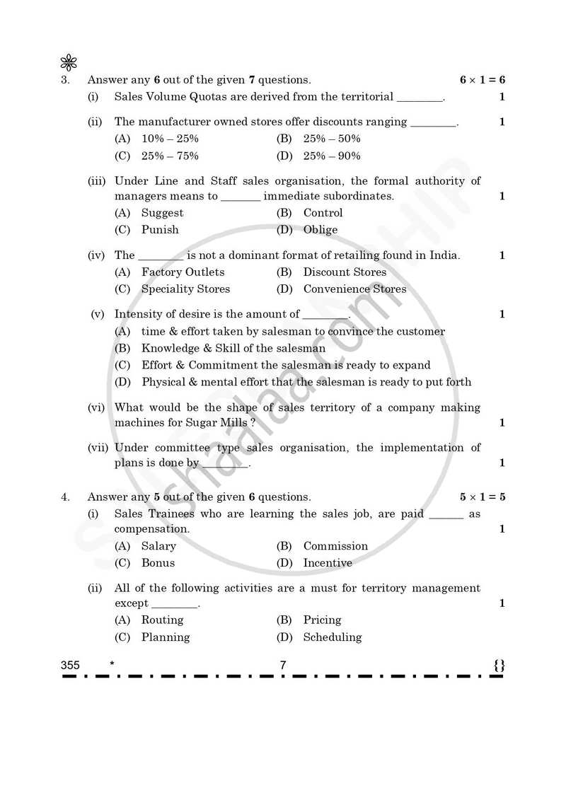 Salesmanship 2025-2026 Class 12 - CBSE (Central Board of Secondary Education) question paper with PDF download