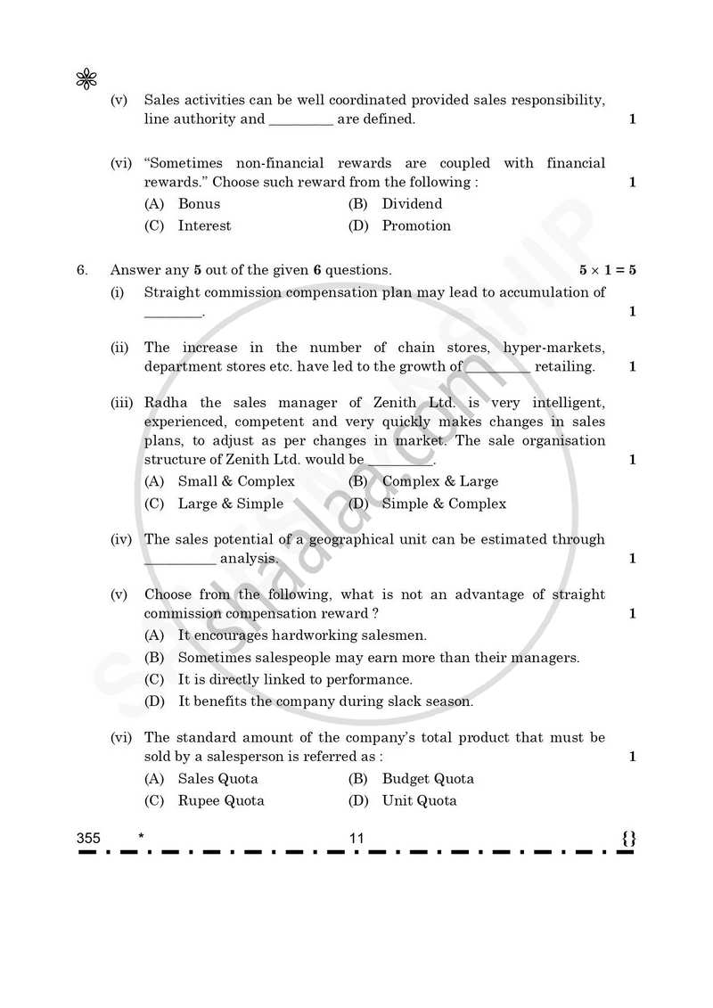 Salesmanship 2025-2026 Class 12 - CBSE (Central Board of Secondary Education) question paper with PDF download