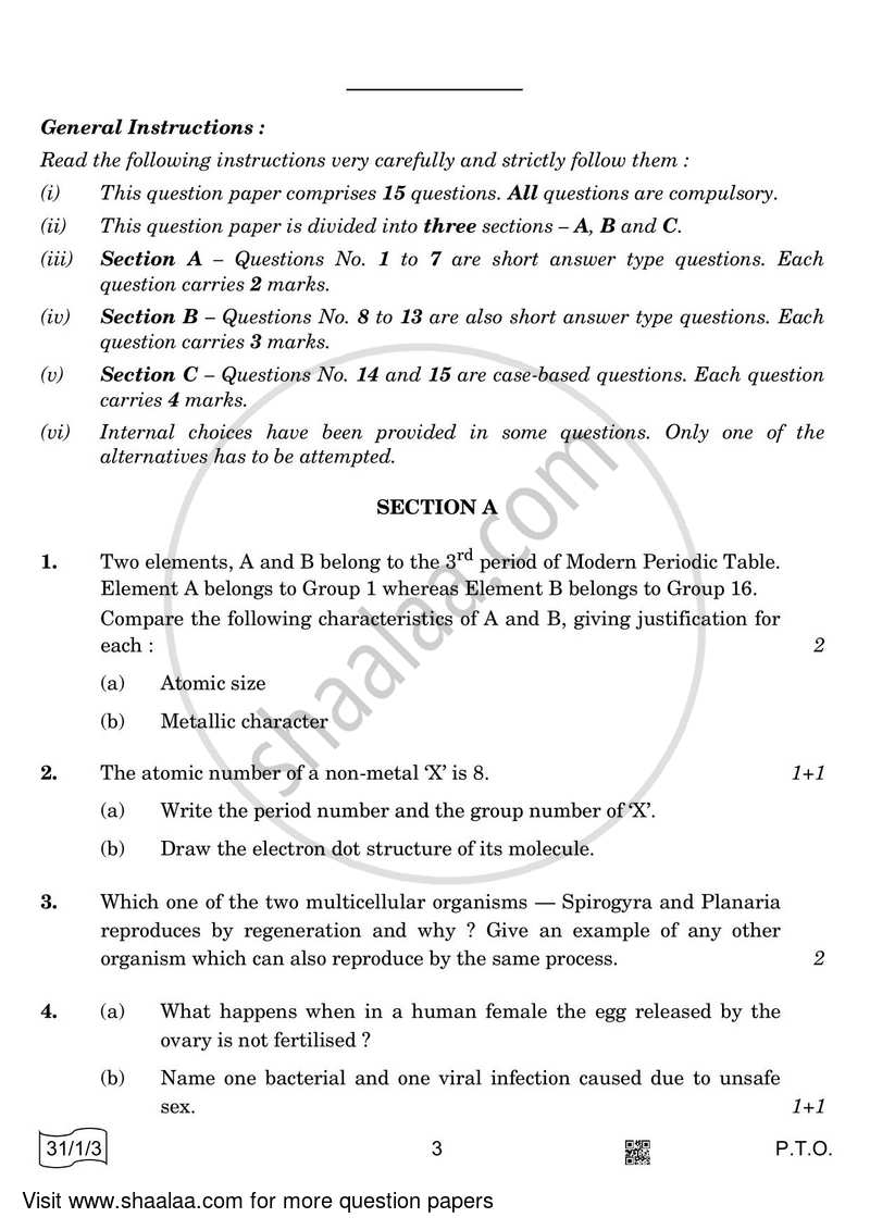 Science 2021-2022 Class 10 - CBSE (Central Board of Secondary Education) question paper with PDF download