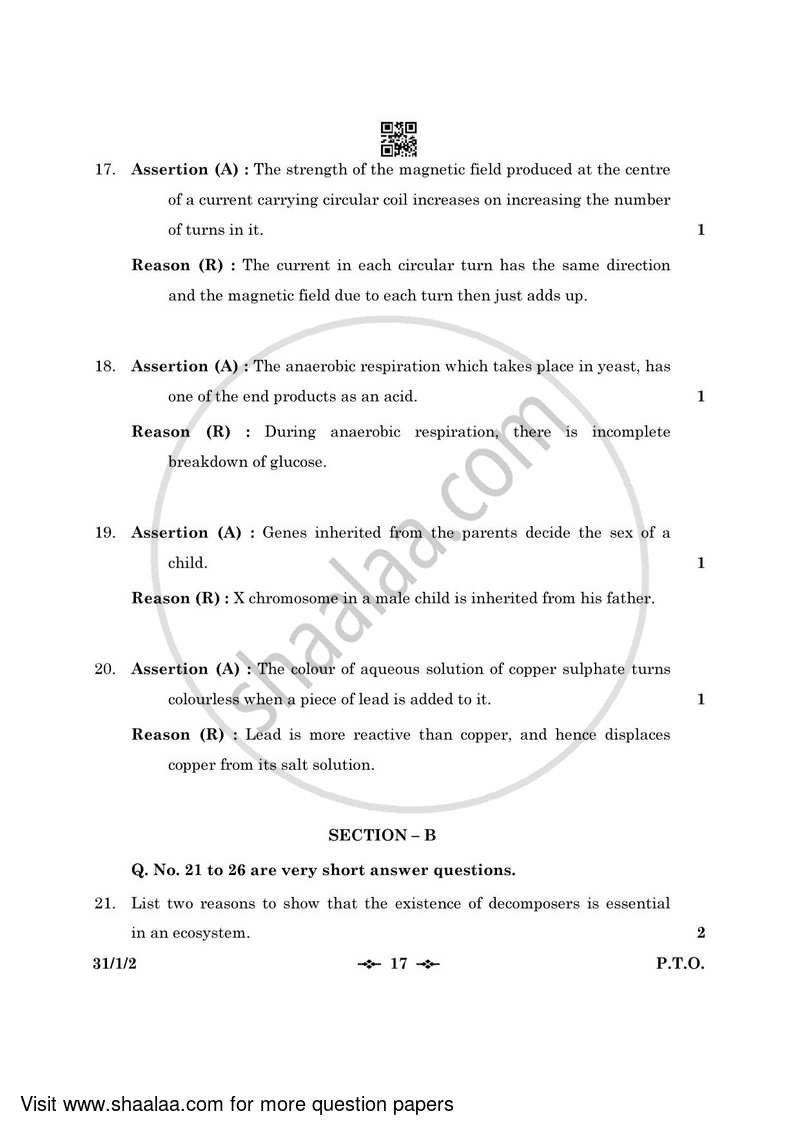Science 2022-2023 Class 10 - CBSE (Central Board of Secondary Education) question paper with PDF download