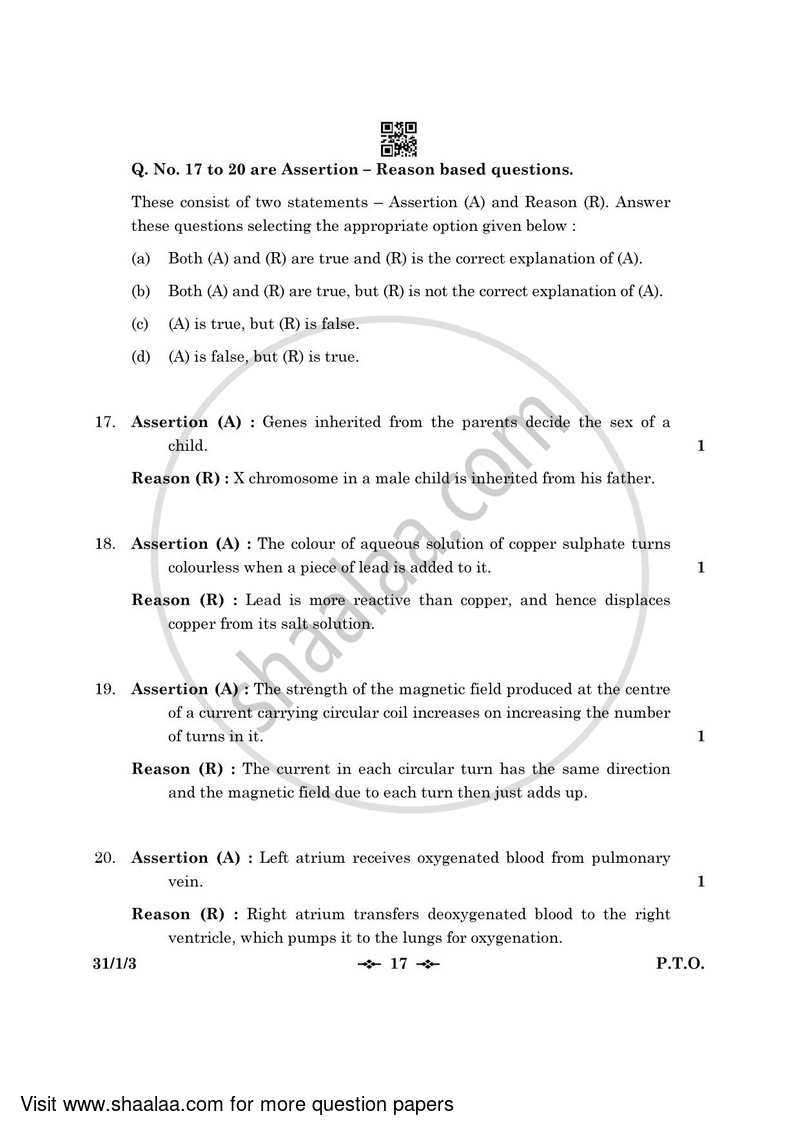 Science 2022-2023 Class 10 - CBSE (Central Board of Secondary Education) question paper with PDF download
