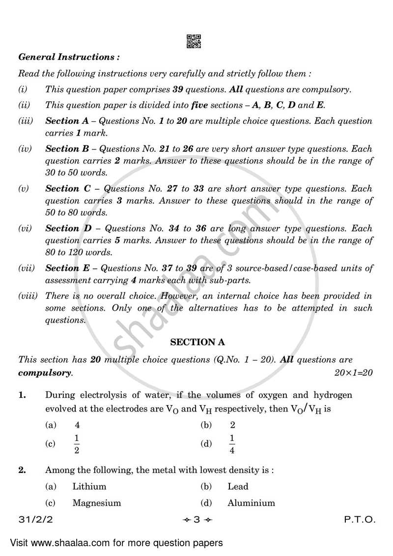 Science 2022-2023 Class 10 - CBSE (Central Board of Secondary Education) question paper with PDF download