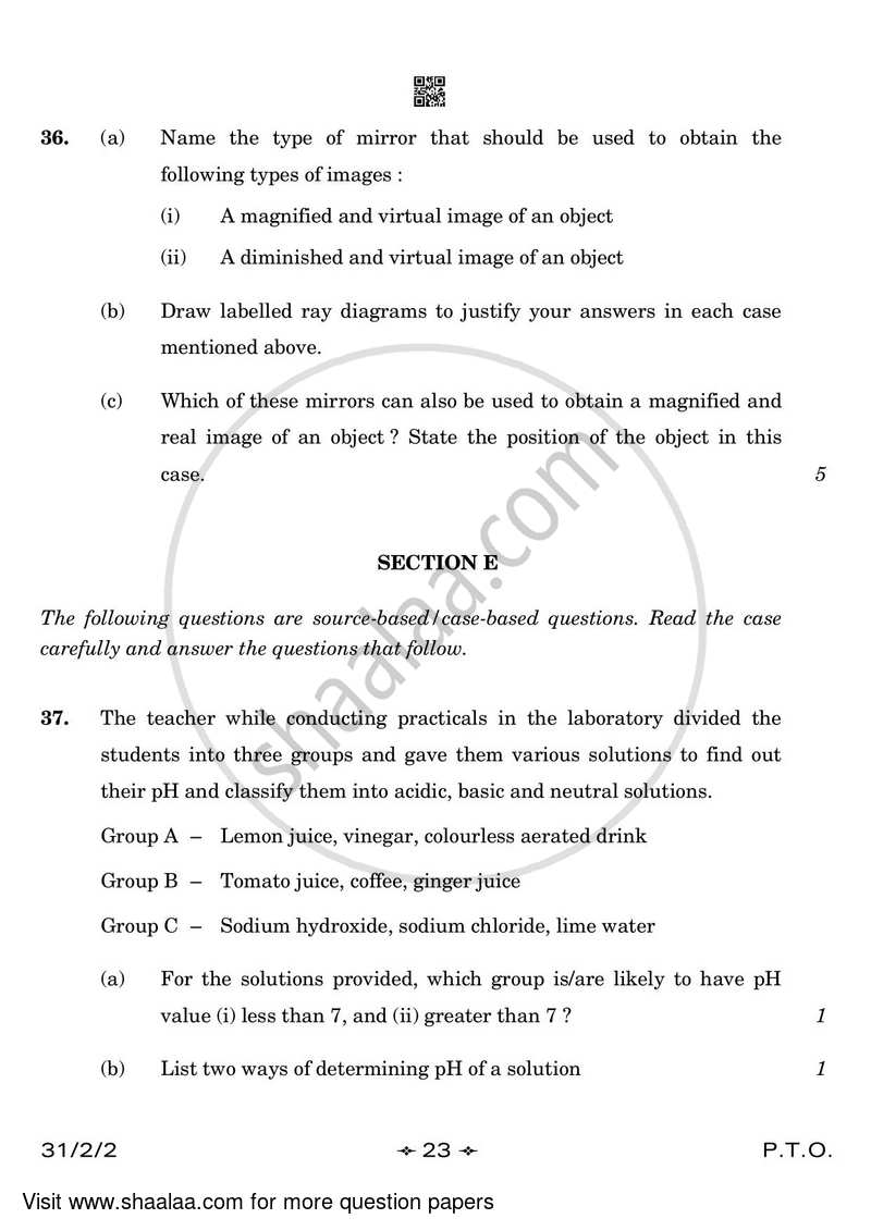 Science 2022-2023 Class 10 - CBSE (Central Board of Secondary Education) question paper with PDF download