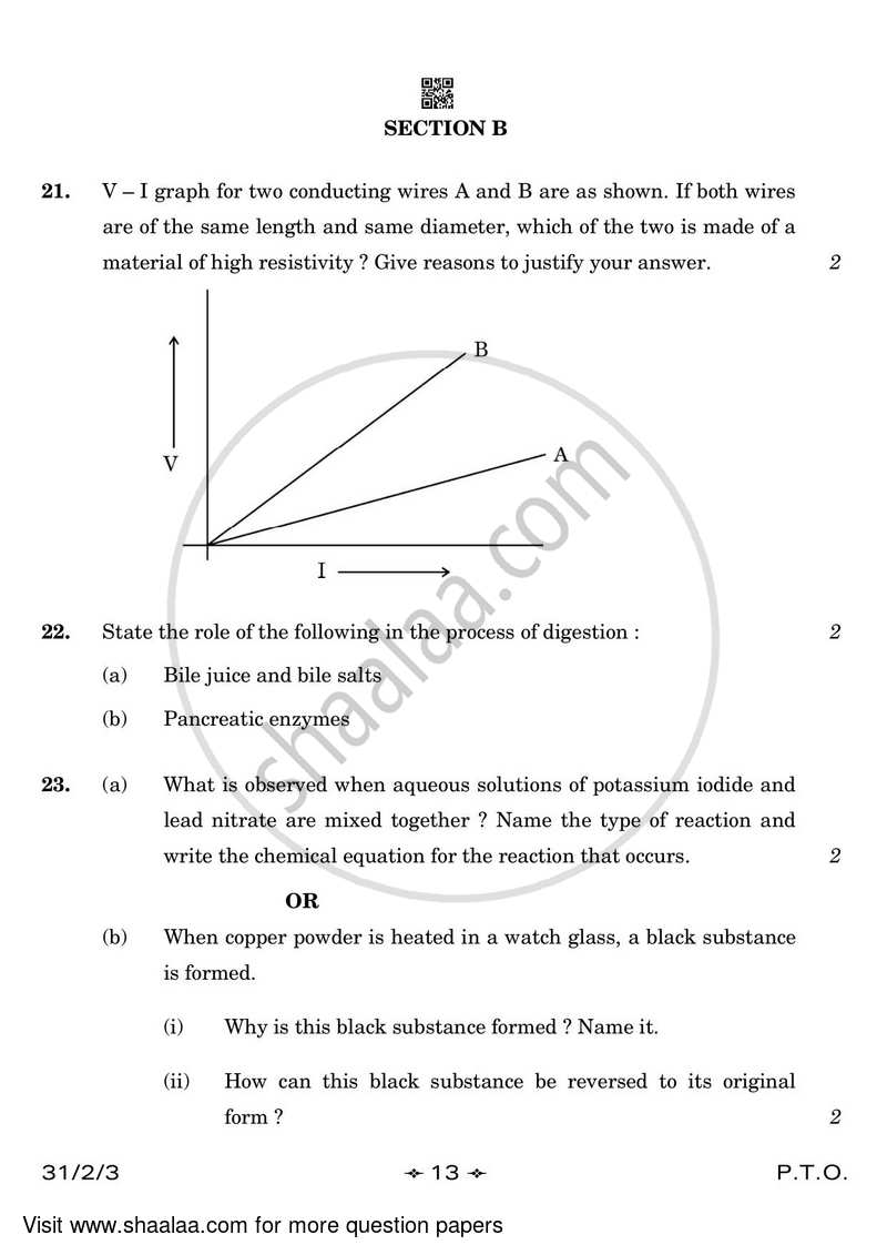 Science 2022-2023 Class 10 - CBSE (Central Board of Secondary Education) question paper with PDF download