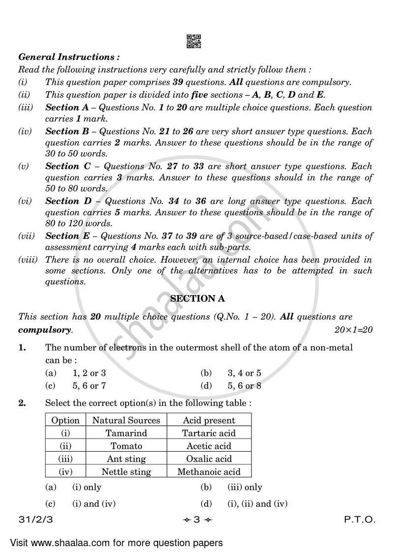 Science 2022-2023 Class 10 - CBSE (Central Board of Secondary Education) question paper with PDF download