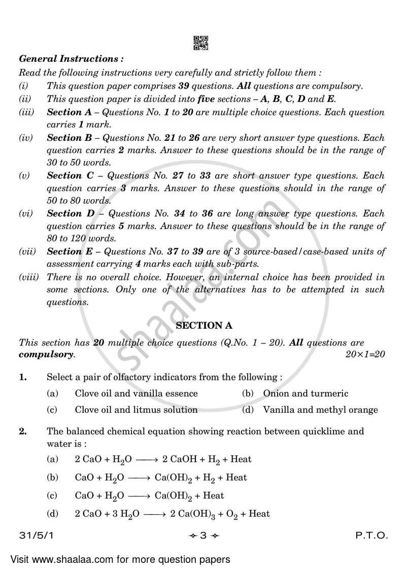 Science 2022-2023 Class 10 - CBSE (Central Board of Secondary Education) question paper with PDF download
