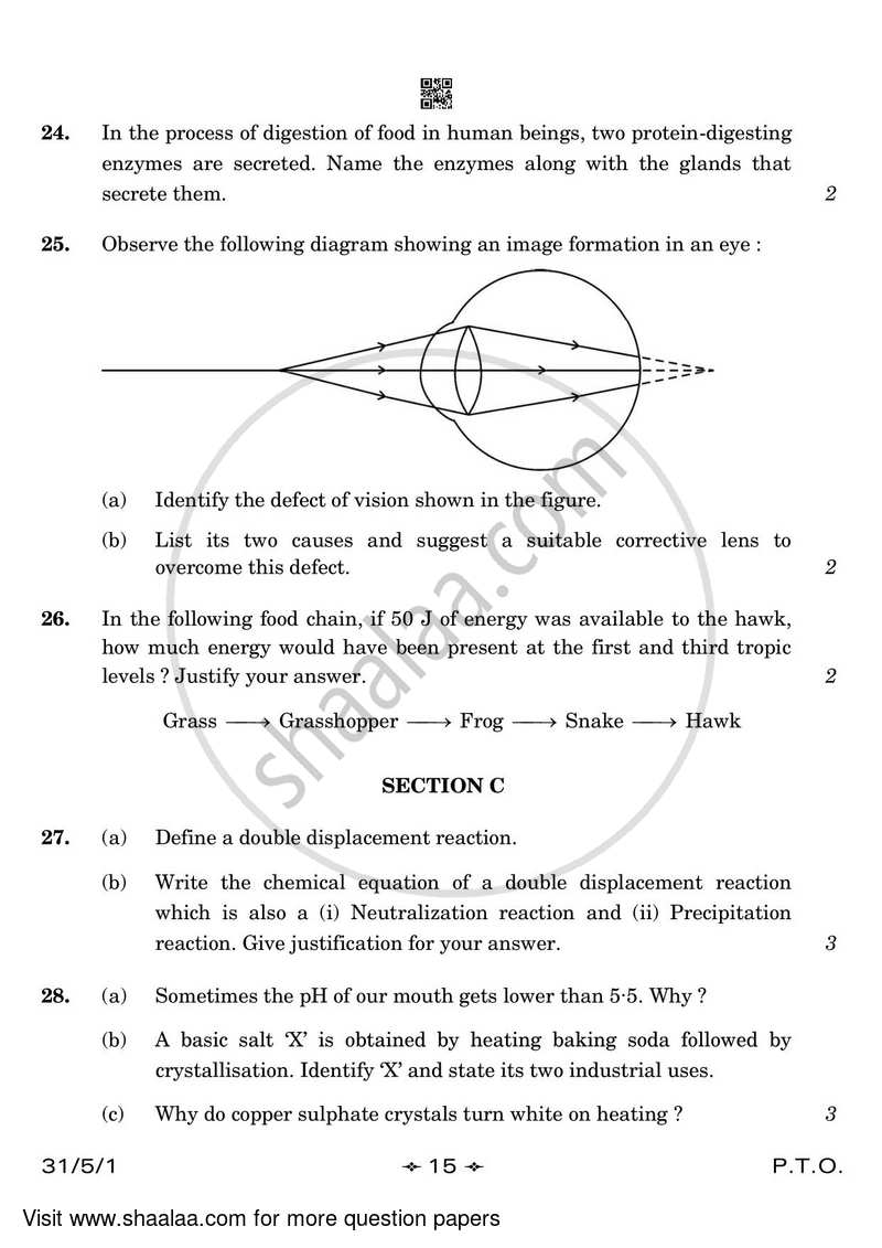 Science 2022-2023 Class 10 - CBSE (Central Board of Secondary Education) question paper with PDF download