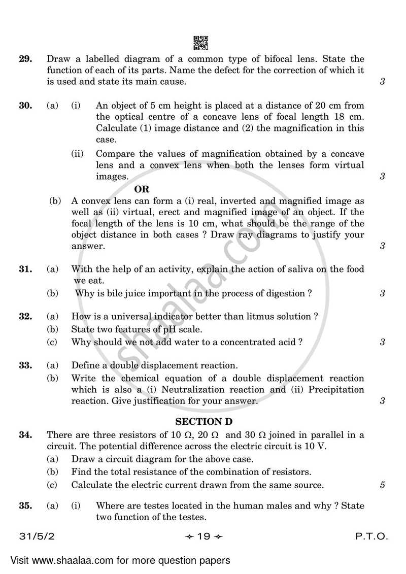 Science 2022-2023 Class 10 - CBSE (Central Board of Secondary Education) question paper with PDF download