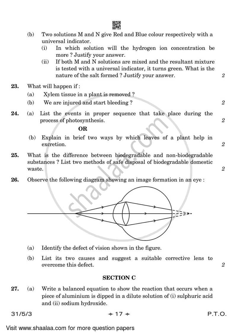 Science 2022-2023 Class 10 - CBSE (Central Board of Secondary Education) question paper with PDF download