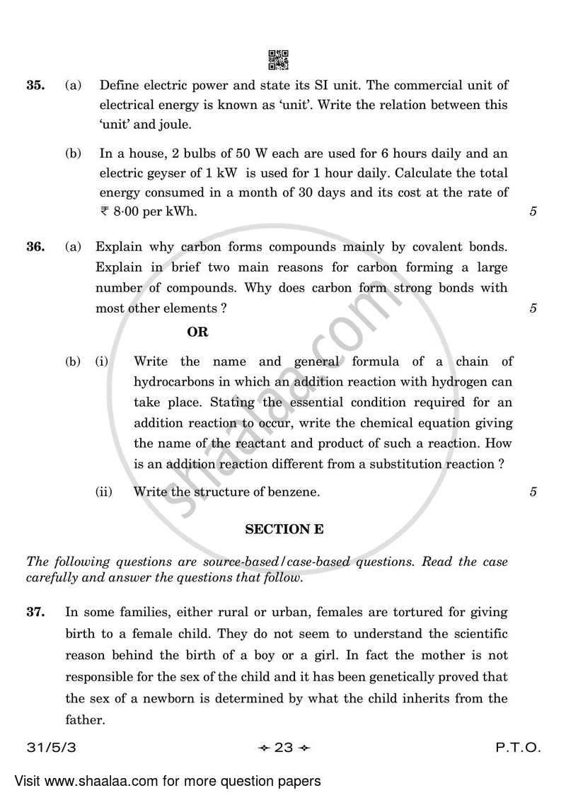 Science 2022-2023 Class 10 - CBSE (Central Board of Secondary Education) question paper with PDF download