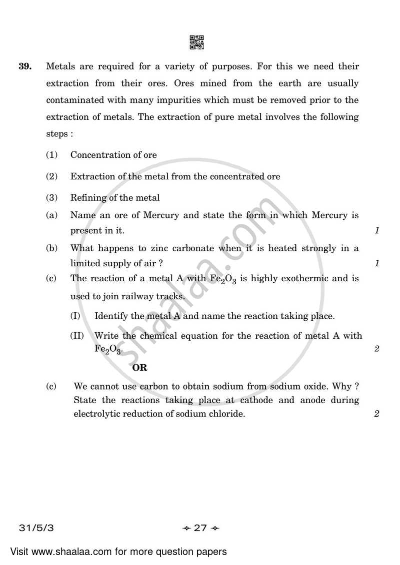 Science 2022-2023 Class 10 - CBSE (Central Board of Secondary Education) question paper with PDF download