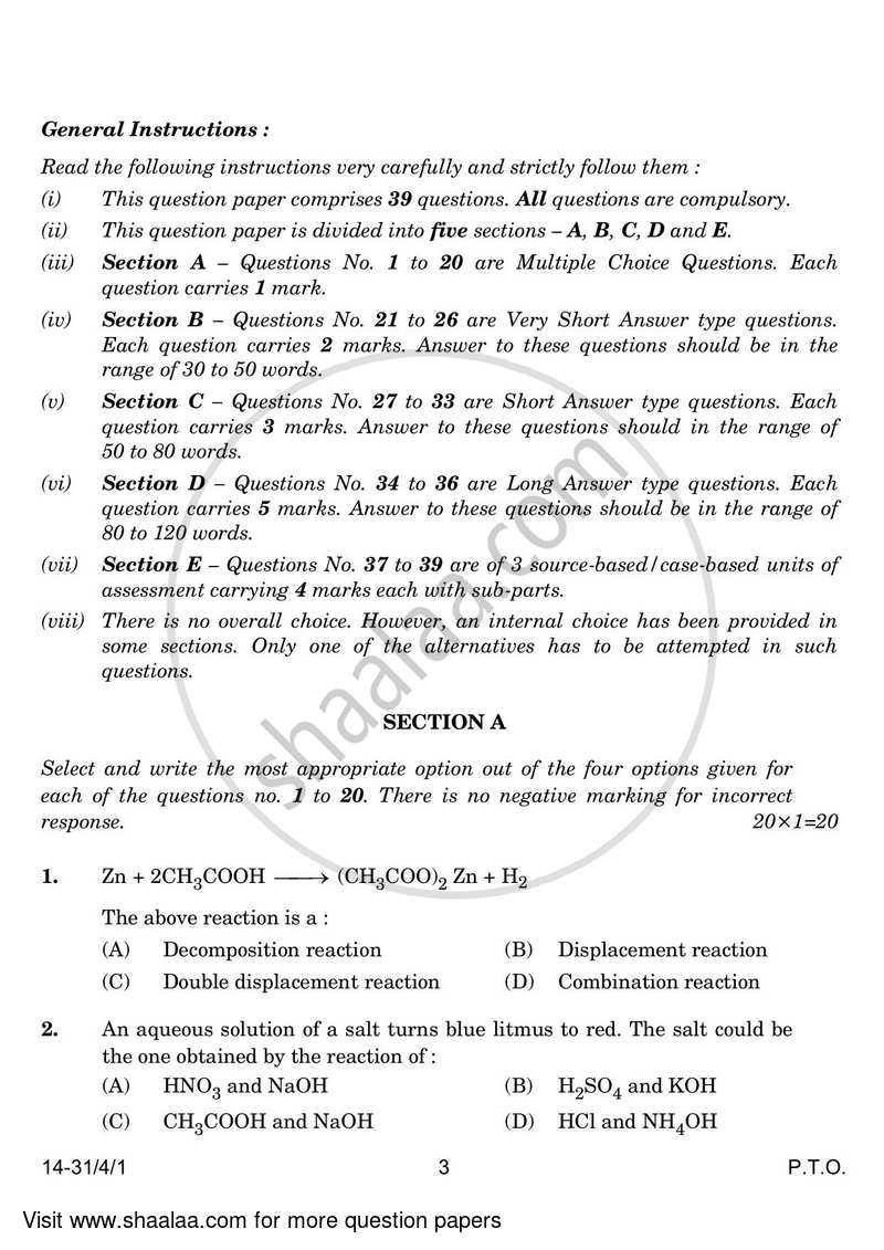 Science 2023-2024 Class 10 - CBSE (Central Board of Secondary Education) question paper with PDF download