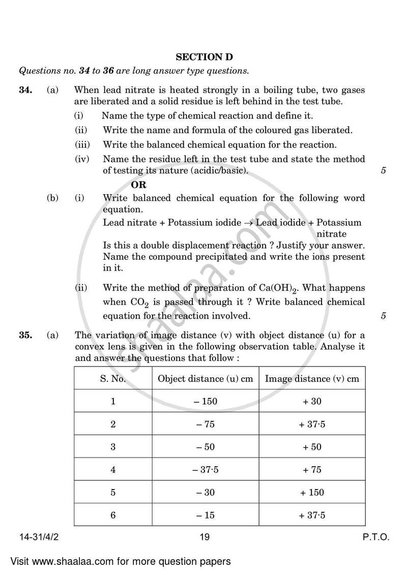 Science 2023-2024 Class 10 - CBSE (Central Board of Secondary Education) question paper with PDF download