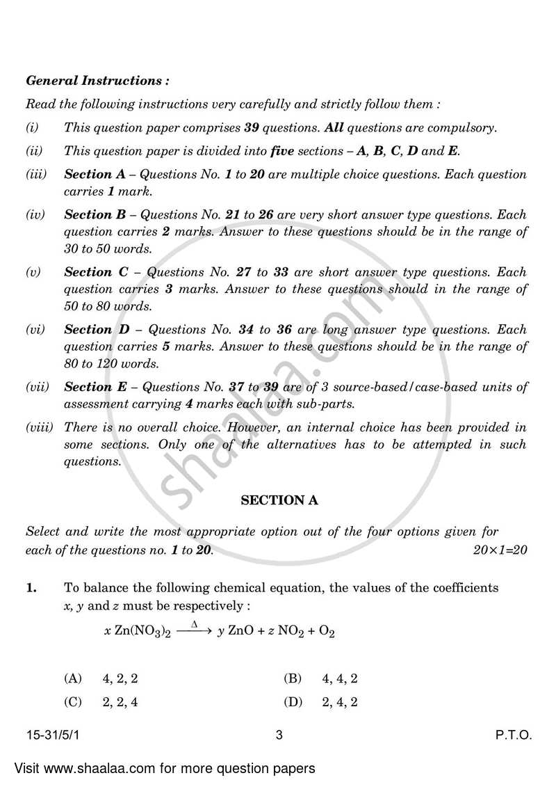 Science 2023-2024 Class 10 - CBSE (Central Board of Secondary Education) question paper with PDF download