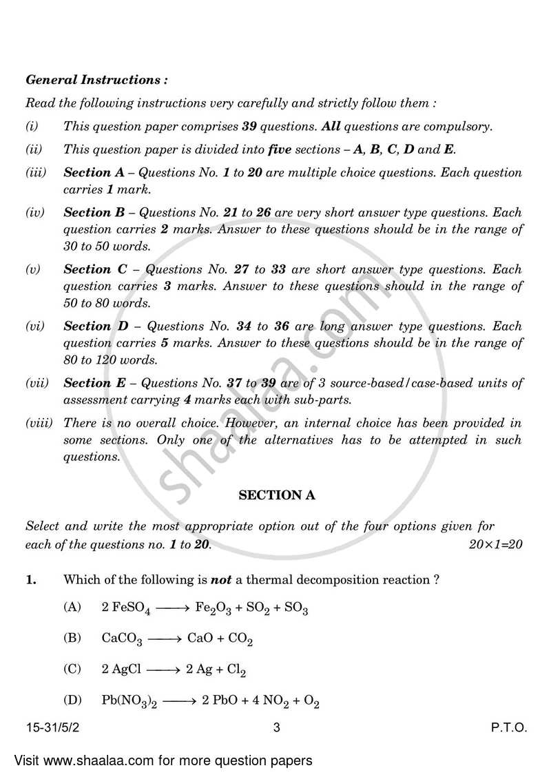 Science 2023-2024 Class 10 - CBSE (Central Board of Secondary Education) question paper with PDF download