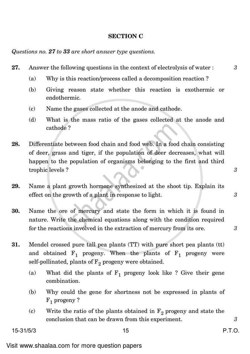 Science 2023-2024 Class 10 - CBSE (Central Board of Secondary Education) question paper with PDF download