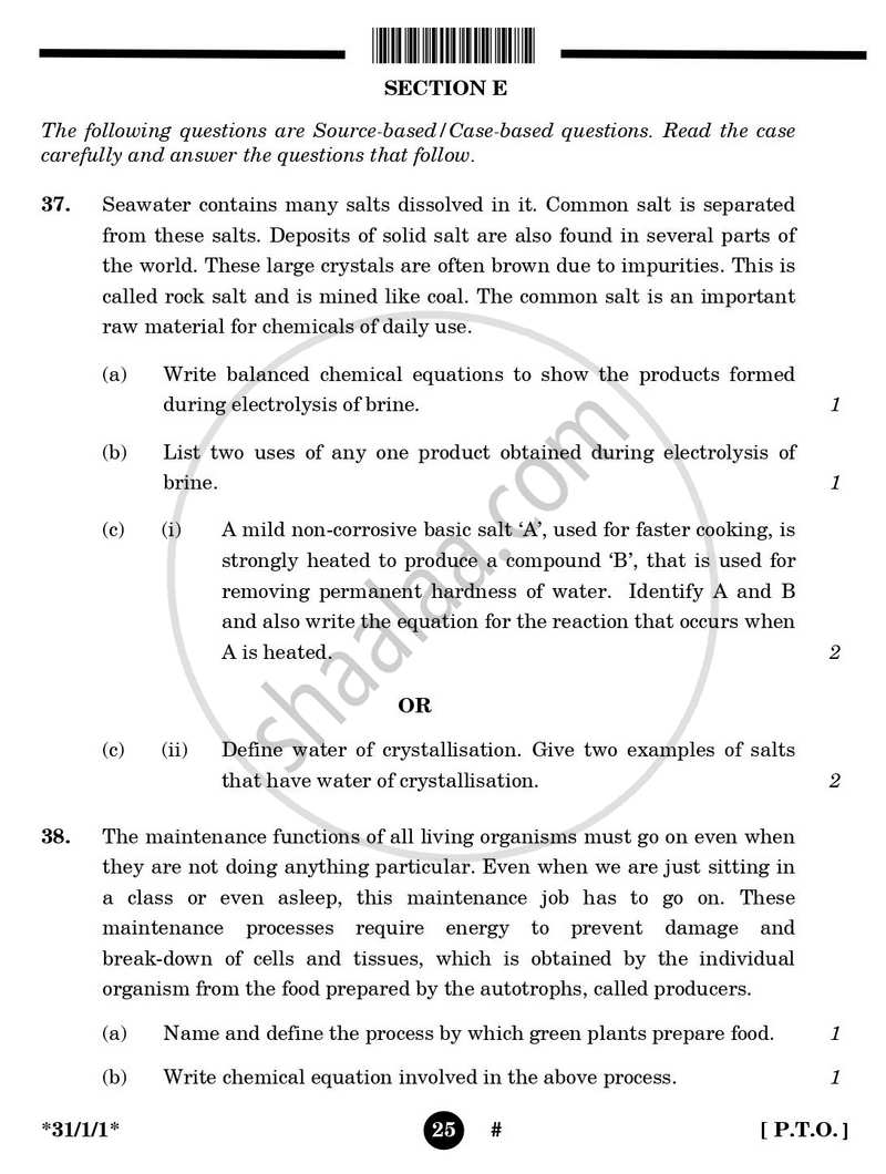 Science 2024-2025 Class 10 - CBSE (Central Board of Secondary Education) question paper with PDF download