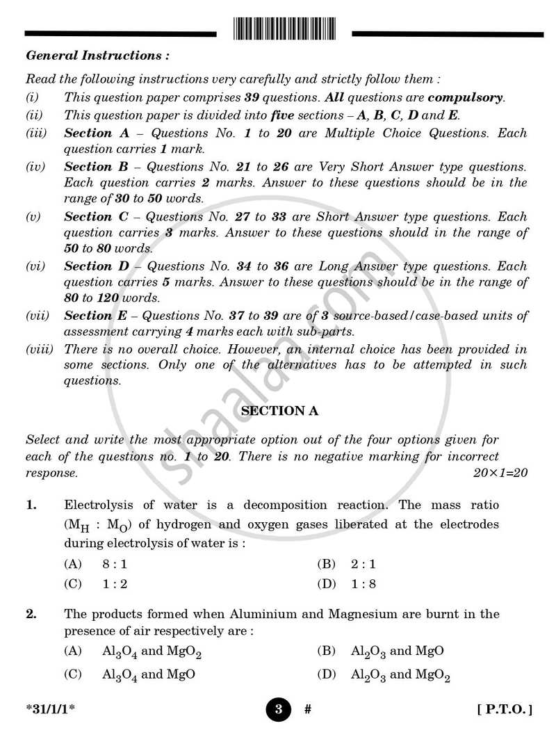 Science 2024-2025 Class 10 - CBSE (Central Board of Secondary Education) question paper with PDF download