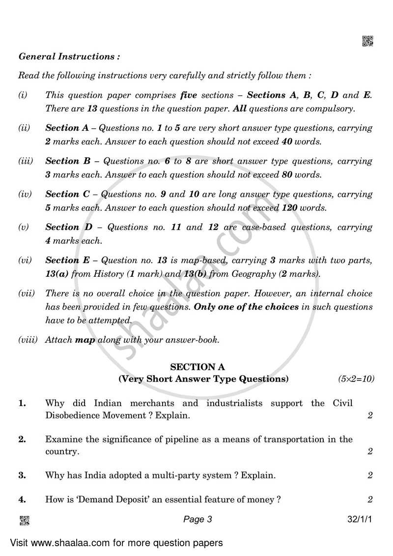 Social Science 2021-2022 Class 10 - CBSE (Central Board of Secondary Education) question paper with PDF download