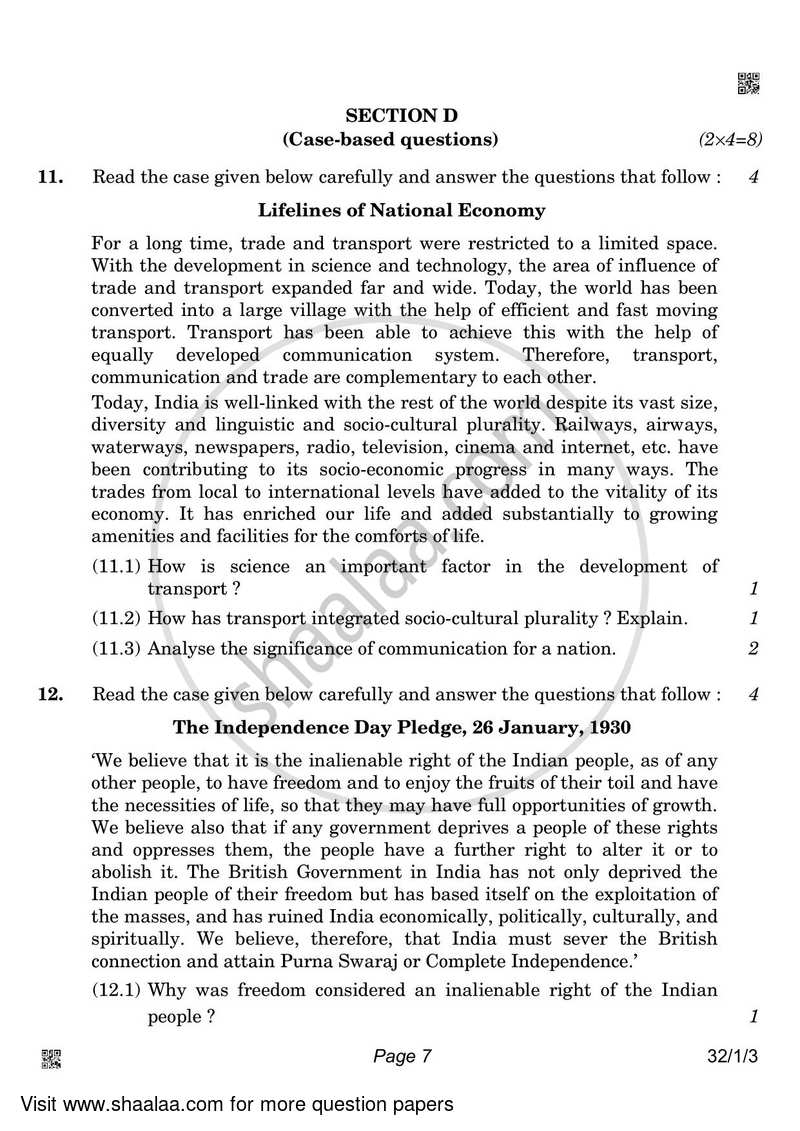 Social Science 2021-2022 Class 10 - CBSE (Central Board of Secondary Education) question paper with PDF download