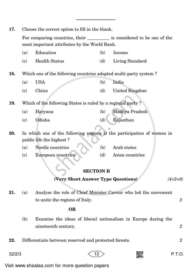 Social Science 2022-2023 Class 10 - CBSE (Central Board of Secondary Education) question paper with PDF download