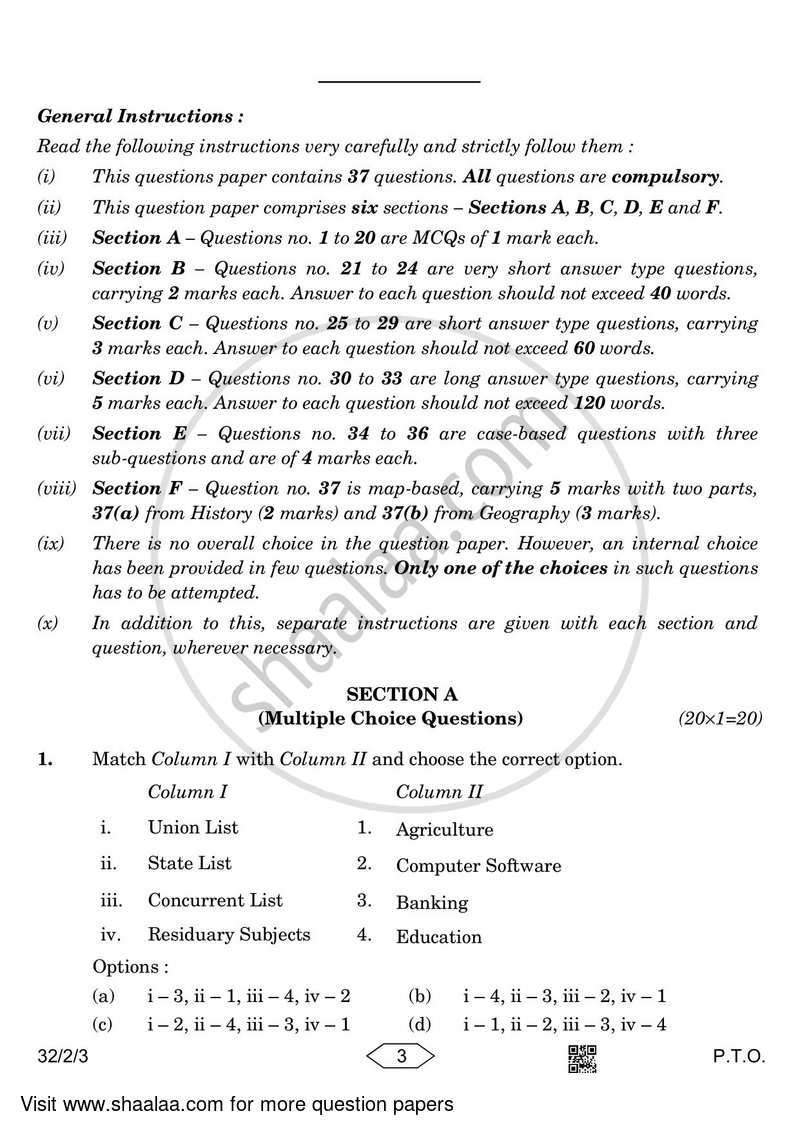 Social Science 2022-2023 Class 10 - CBSE (Central Board of Secondary Education) question paper with PDF download