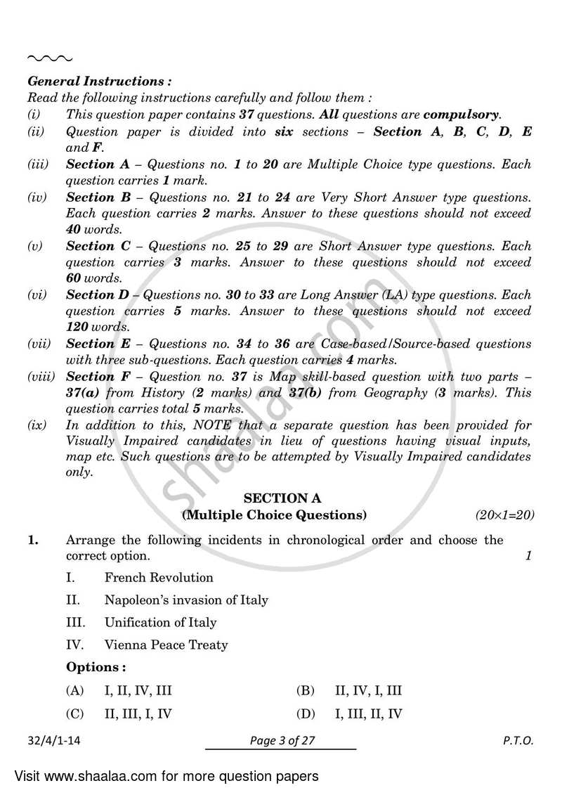 Social Science 2023-2024 Class 10 - CBSE (Central Board of Secondary Education) question paper with PDF download