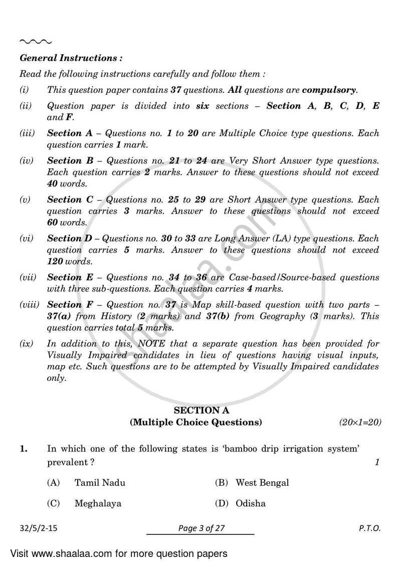 Social Science 2023-2024 Class 10 - CBSE (Central Board of Secondary Education) question paper with PDF download
