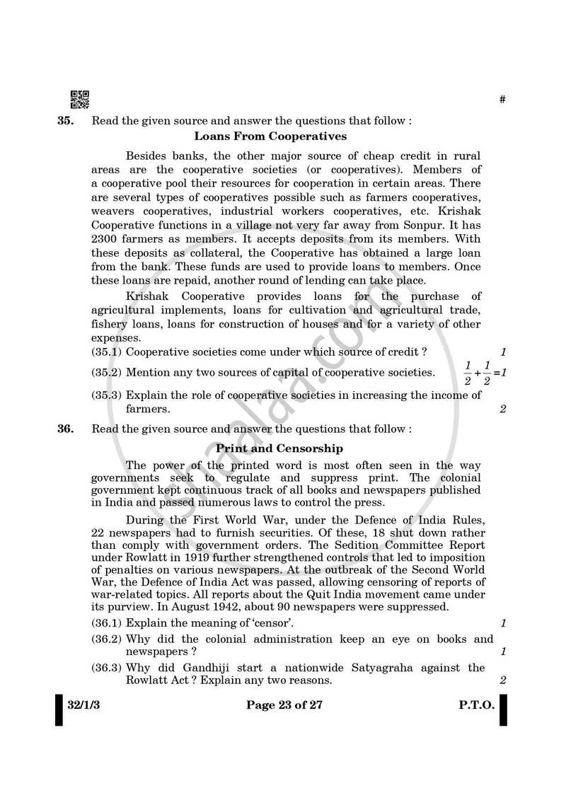 Social Science (सामाजिक विज्ञान) 2024-2025 Class 10 [कक्षा १०] - CBSE (Central Board of Secondary Education) question paper with PDF download