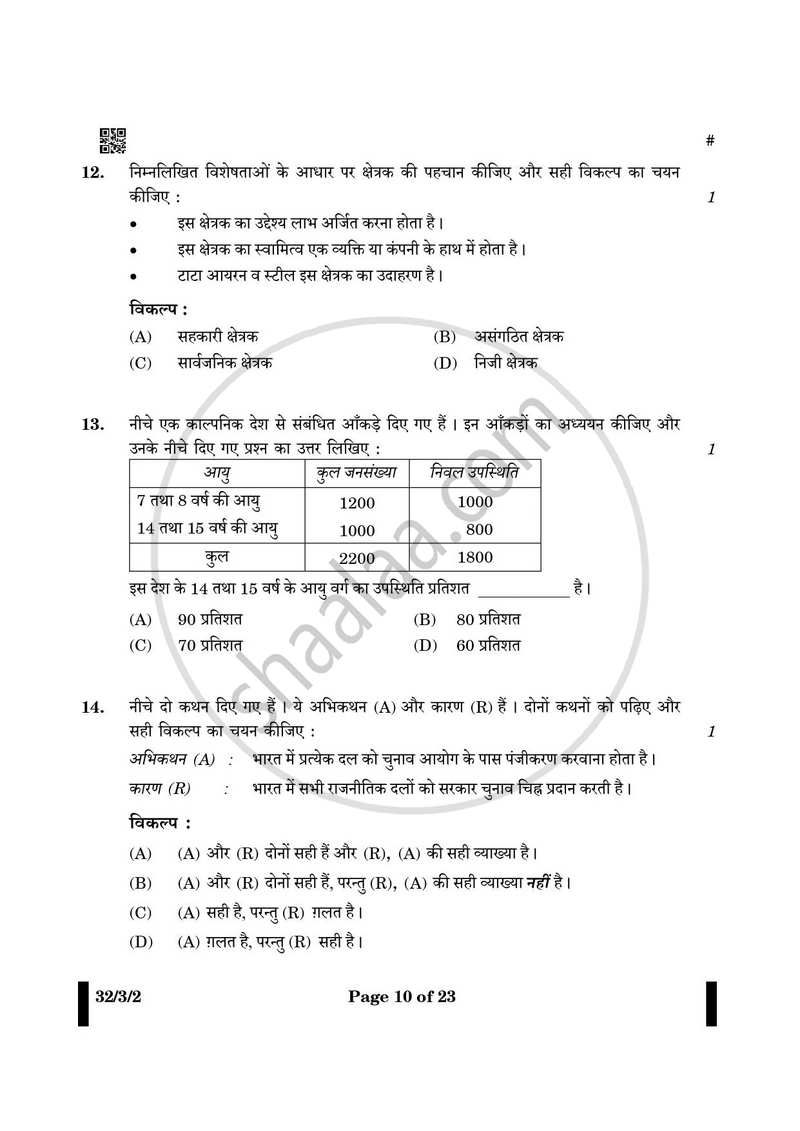 Social Science (सामाजिक विज्ञान) 2024-2025 Class 10 [कक्षा १०] - CBSE (Central Board of Secondary Education) question paper with PDF download