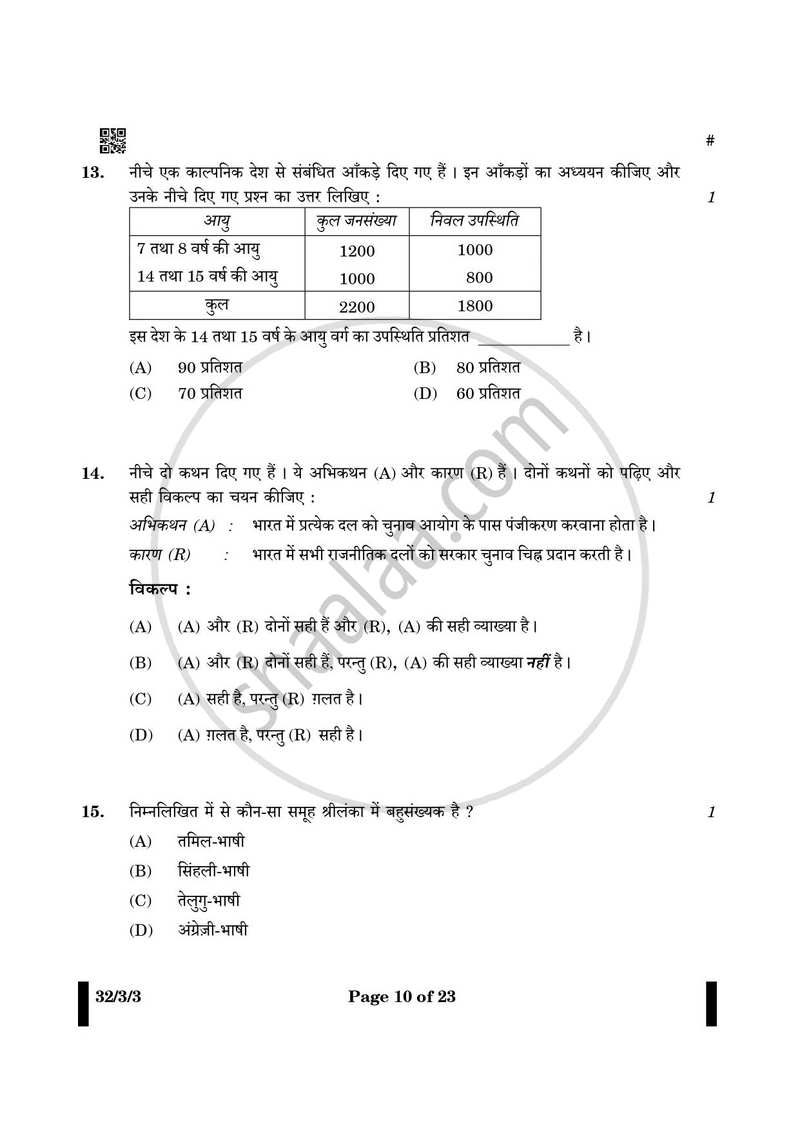 Social Science (सामाजिक विज्ञान) 2024-2025 Class 10 [कक्षा १०] - CBSE (Central Board of Secondary Education) question paper with PDF download