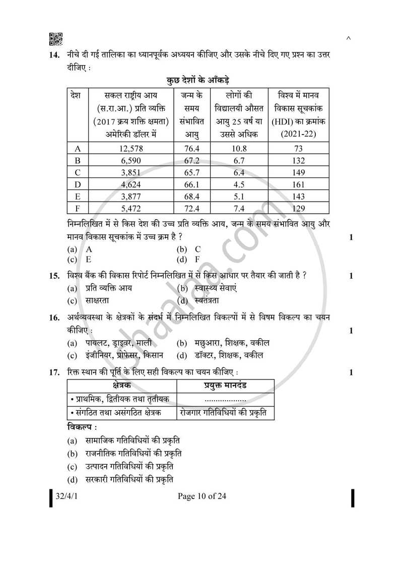 Social Science (सामाजिक विज्ञान) 2024-2025 Class 10 [कक्षा १०] - CBSE (Central Board of Secondary Education) question paper with PDF download