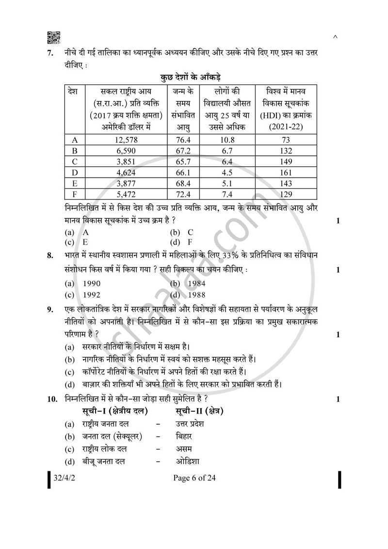 Social Science (सामाजिक विज्ञान) 2024-2025 Class 10 [कक्षा १०] - CBSE (Central Board of Secondary Education) question paper with PDF download
