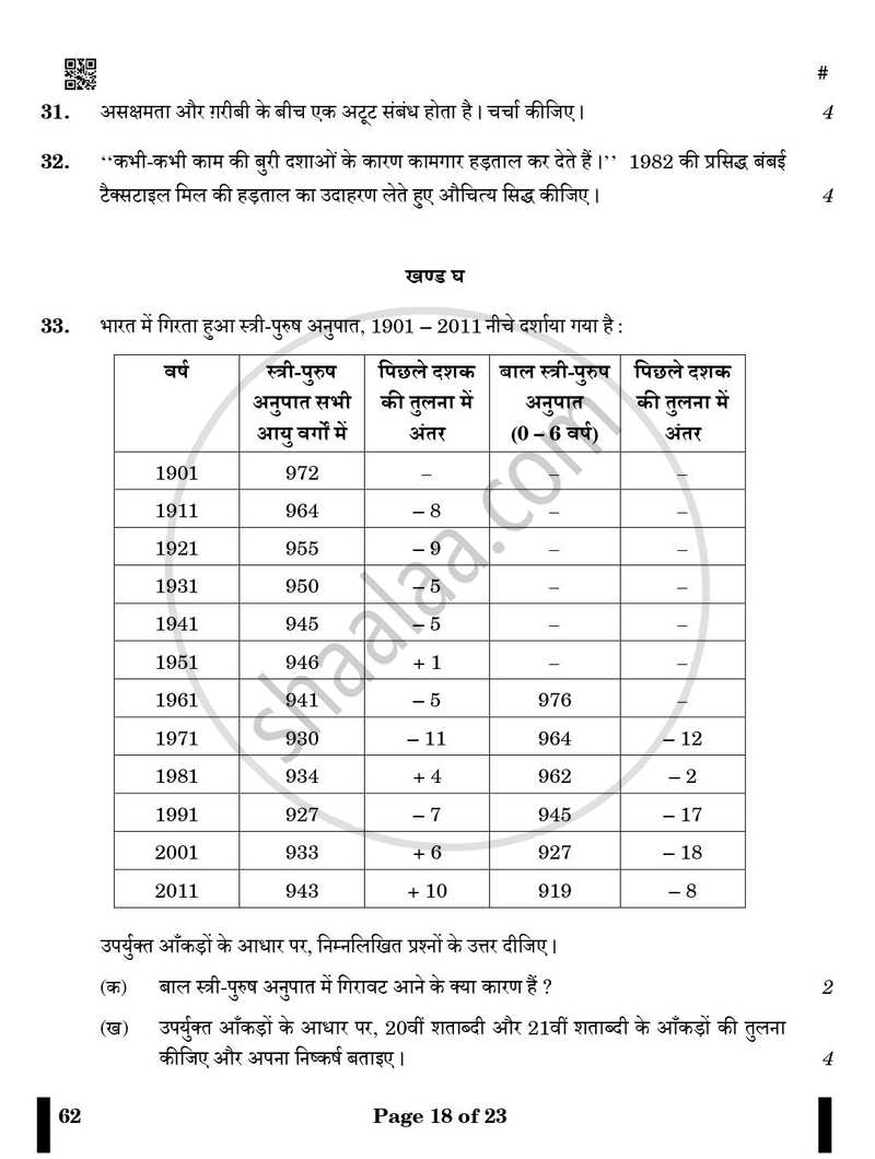 Sociology (समाजशास्त्र) 2024-2025 Class 12 [कक्षा १२] - CBSE (Central Board of Secondary Education) question paper with PDF download