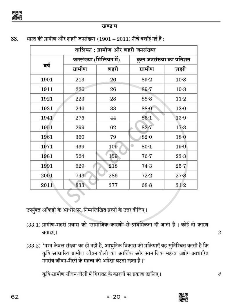 Sociology (समाजशास्त्र) 2025-2026 Class 12 [कक्षा १२] - CBSE (Central Board of Secondary Education) question paper with PDF download