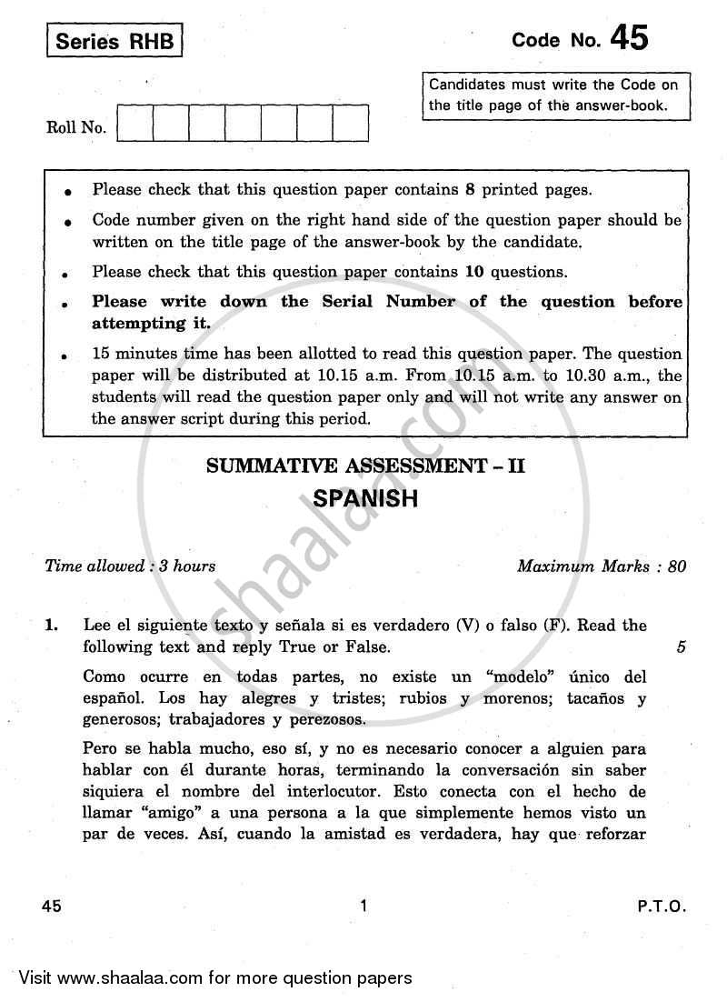 Spanish 2010-2011 Class 10 - CBSE (Central Board of Secondary Education) question paper with PDF download