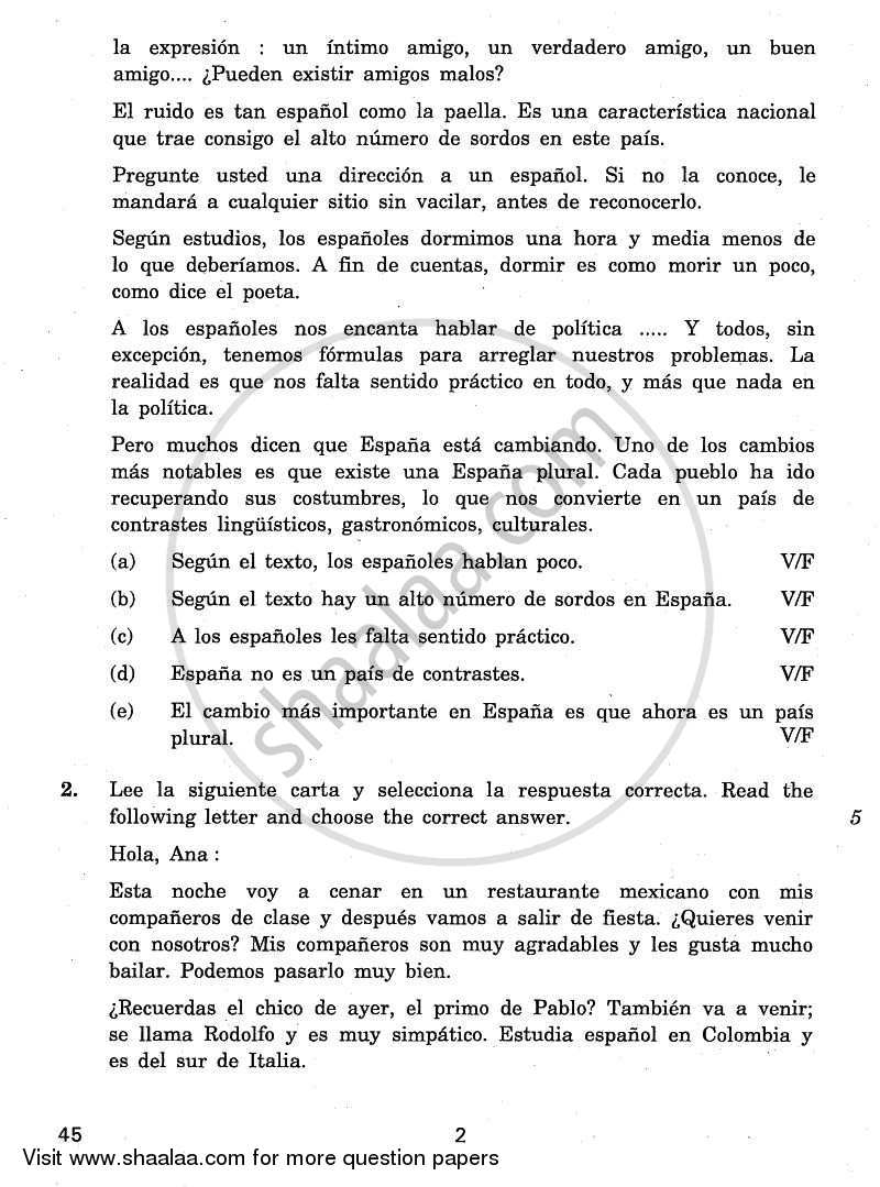 Spanish 2010-2011 Class 10 - CBSE (Central Board of Secondary Education) question paper with PDF download