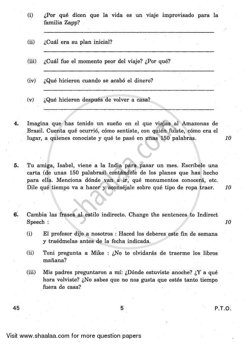 Spanish 2010-2011 Class 10 - CBSE (Central Board of Secondary Education) question paper with PDF download