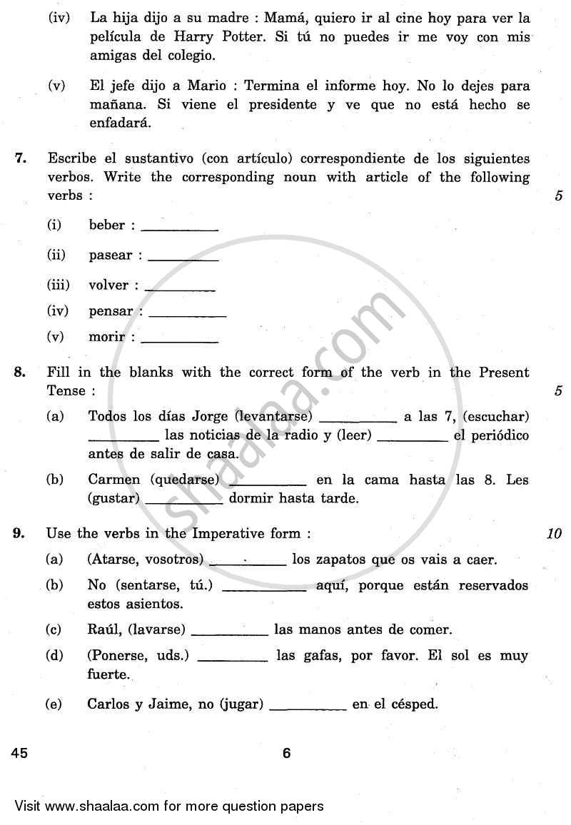 Spanish 2010-2011 Class 10 - CBSE (Central Board of Secondary Education) question paper with PDF download