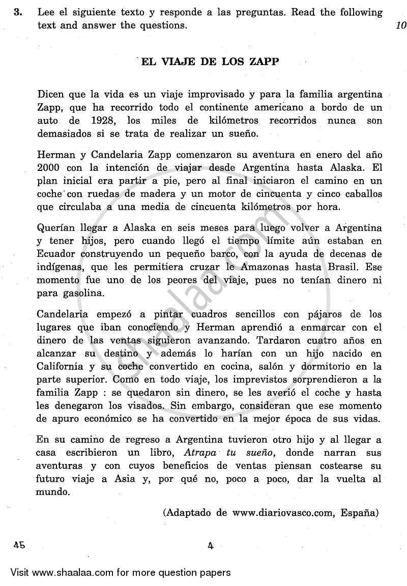 Spanish 2010-2011 Class 10 - CBSE (Central Board of Secondary Education) question paper with PDF download