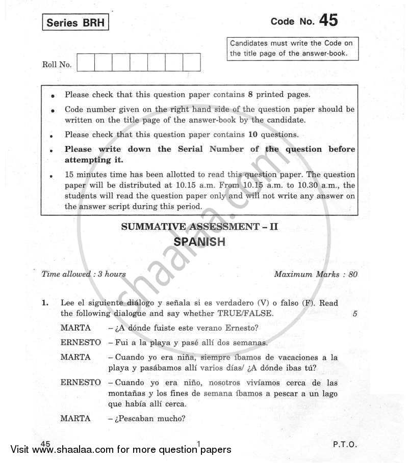 Spanish 2011-2012 Class 10 - CBSE (Central Board of Secondary Education) question paper with PDF download